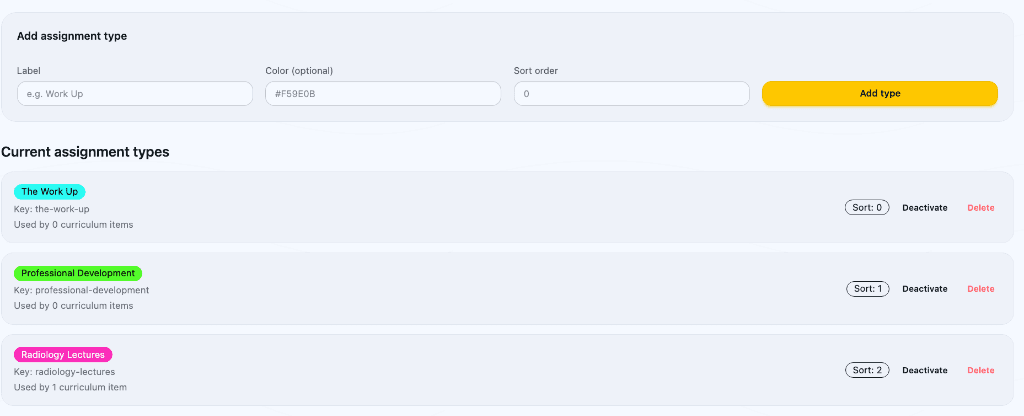 Assignment Types configuration with color-coded categories