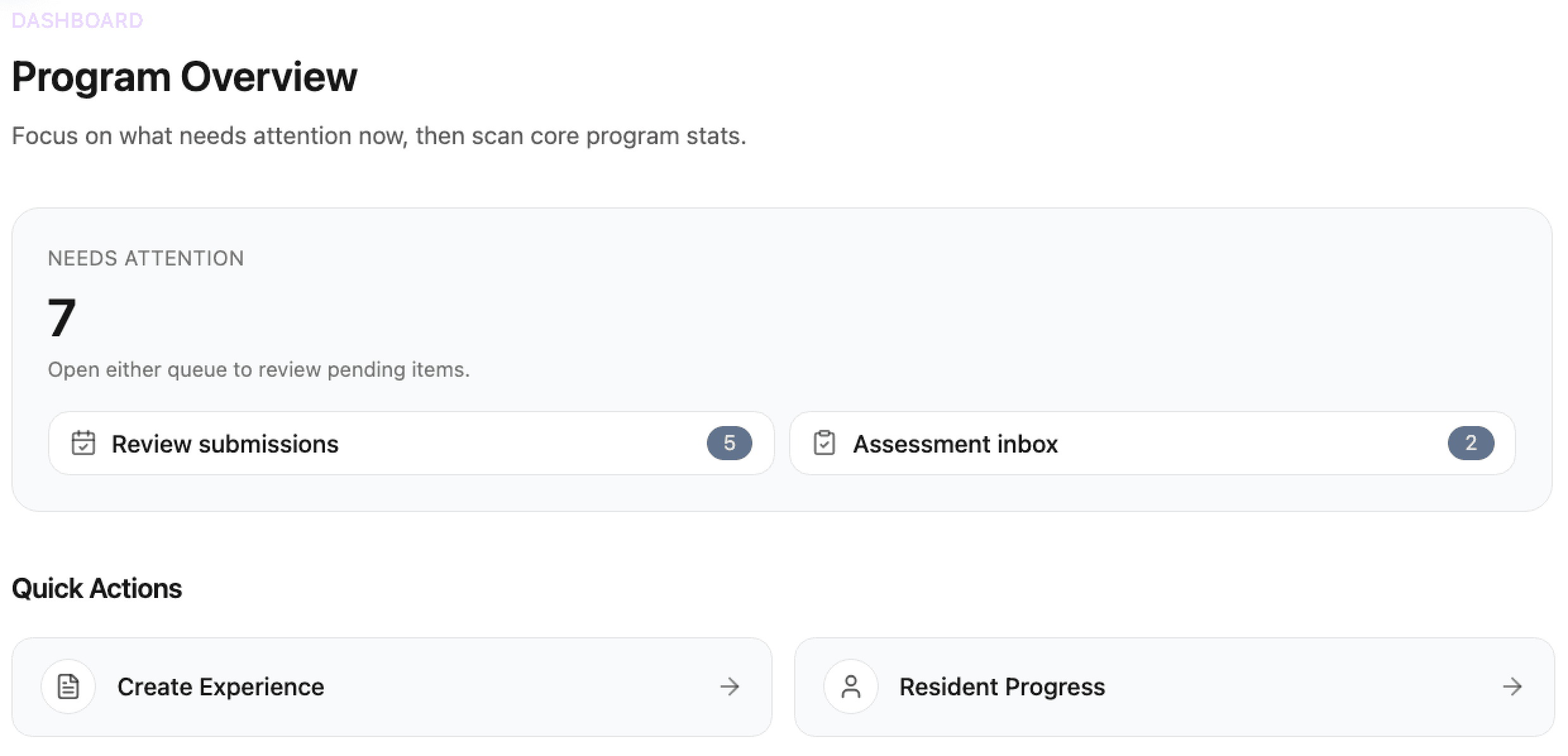 Program Overview dashboard with needs attention, quick actions, upcoming experiences, and awaiting review queues